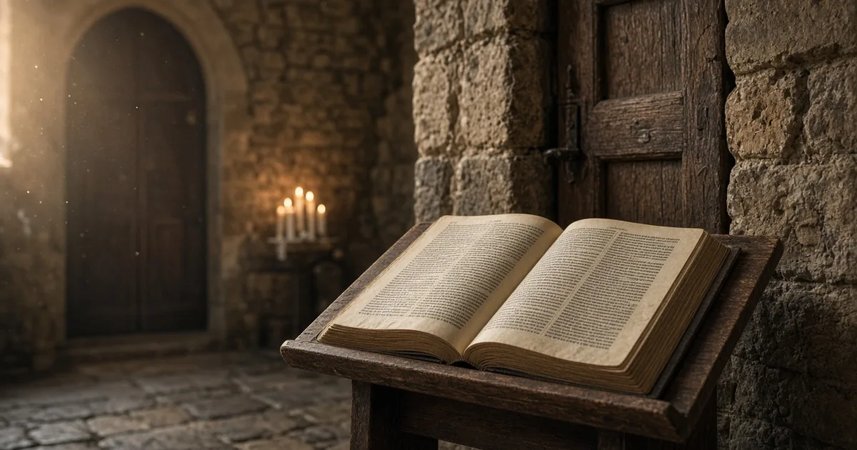 Interior de igreja antiga com Bíblia aberta sobre atril de madeira e luz suave, evocando o Dia da Reforma Protestante