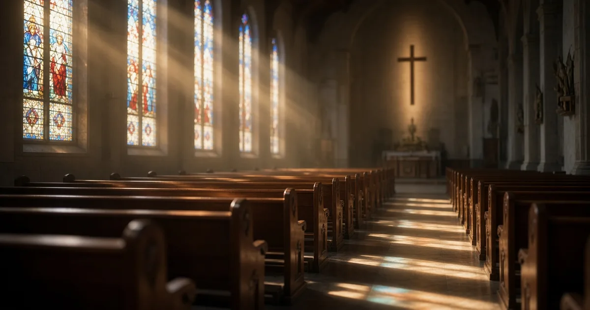 Luz da manhã atravessando vitrais sobre bancos de madeira vazios em uma igreja silenciosa, evocando o Dia de Todos os Santos