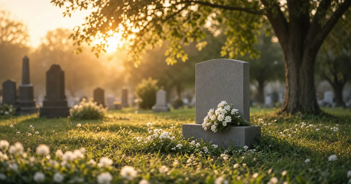 Cemitério em luz dourada com flores brancas junto a uma lápide simples, evocando o Dia de Finados e a esperança cristã